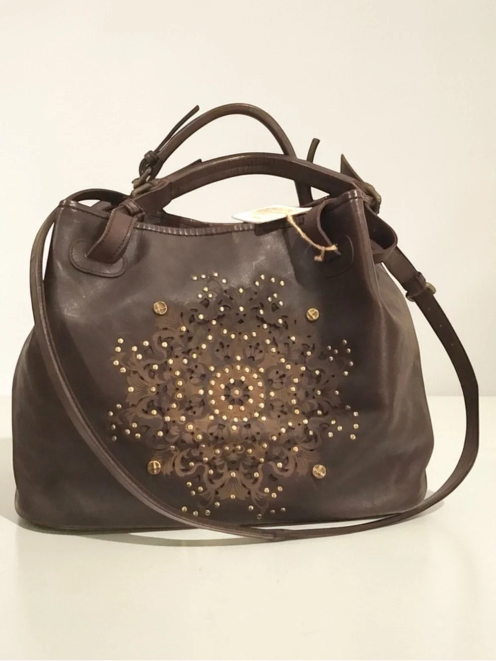 🆕 Platania Brown Italian Leather Large Satchel Slouchy Bag  Stud Details